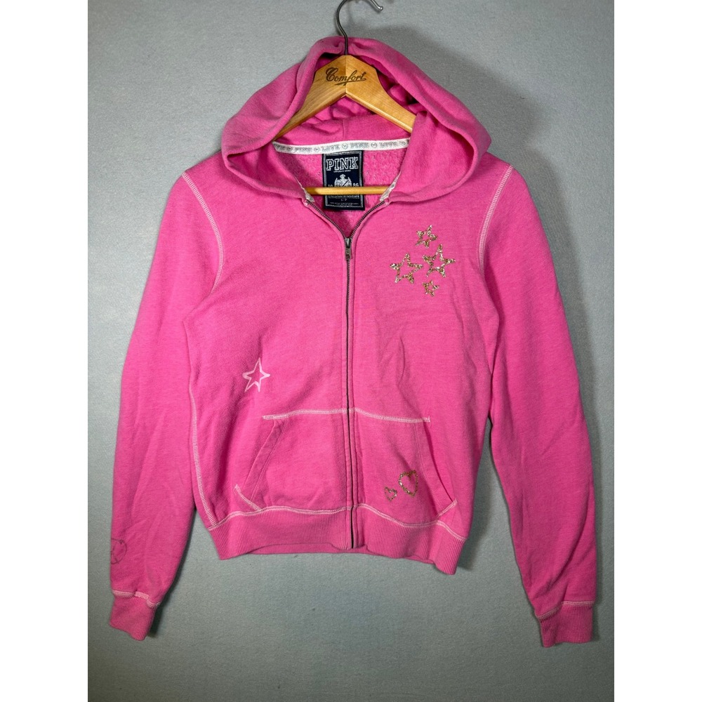 Vintage Y2K Victoria's Secret PINK Zip Hoodie Pink Gold Glitter Spell Out Small